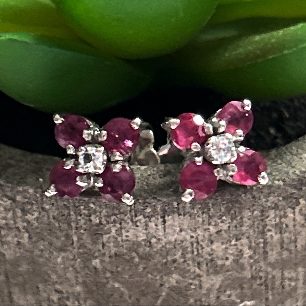 Ruby Gemstone Flower Sterling Silver Earrings - image 1